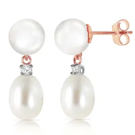 14K Solid Rose Gold Stud Earrings Diamond & Pearl