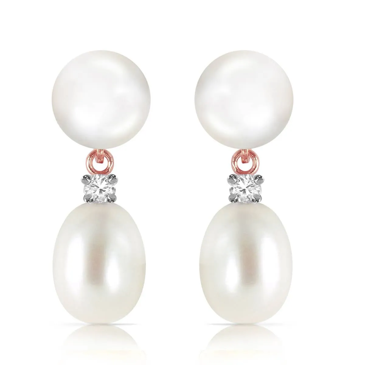 14K Solid Rose Gold Stud Earrings Diamond & Pearl