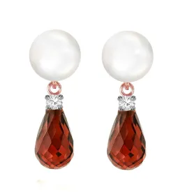 14K Solid Rose Gold Stud Earrings w/ Diamonds, Garnet & Pearls