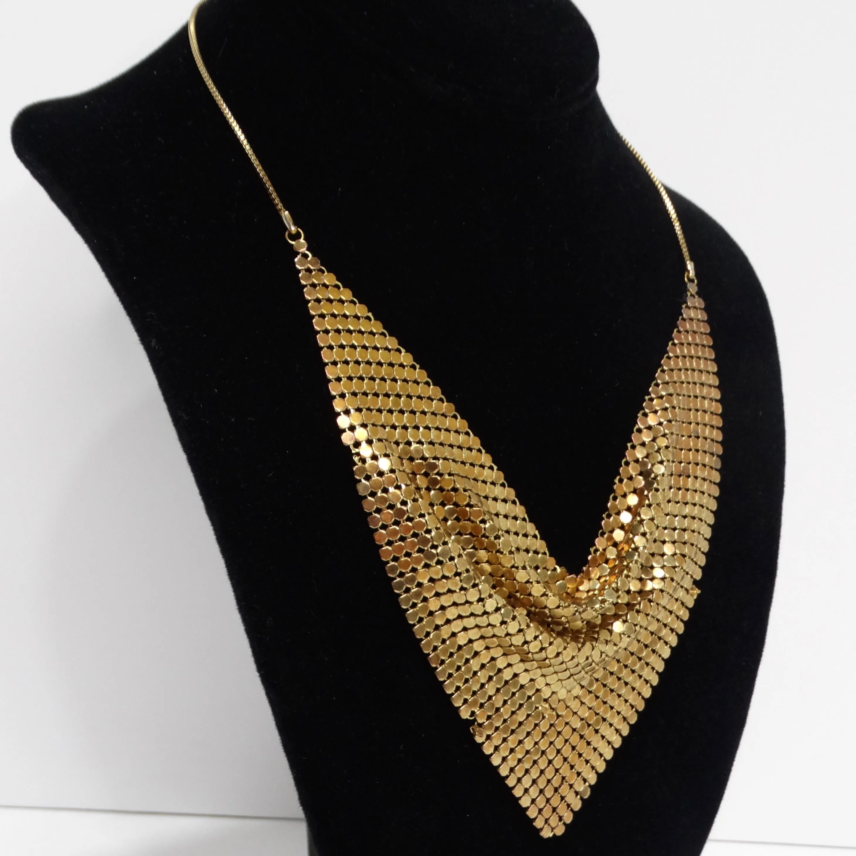 1990s Gold Tone Chainmail Cowl Neck Bib Necklace