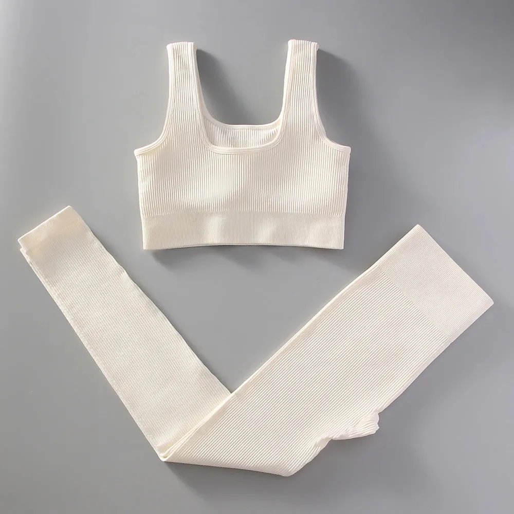 2Pcs White Yoga Clothing Sets Women High Waist Leggings Set Seamless Tracksuit Fitness Workout Outfits