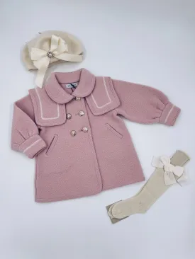 Beautiful pink merino wool coat with Cream stitching details