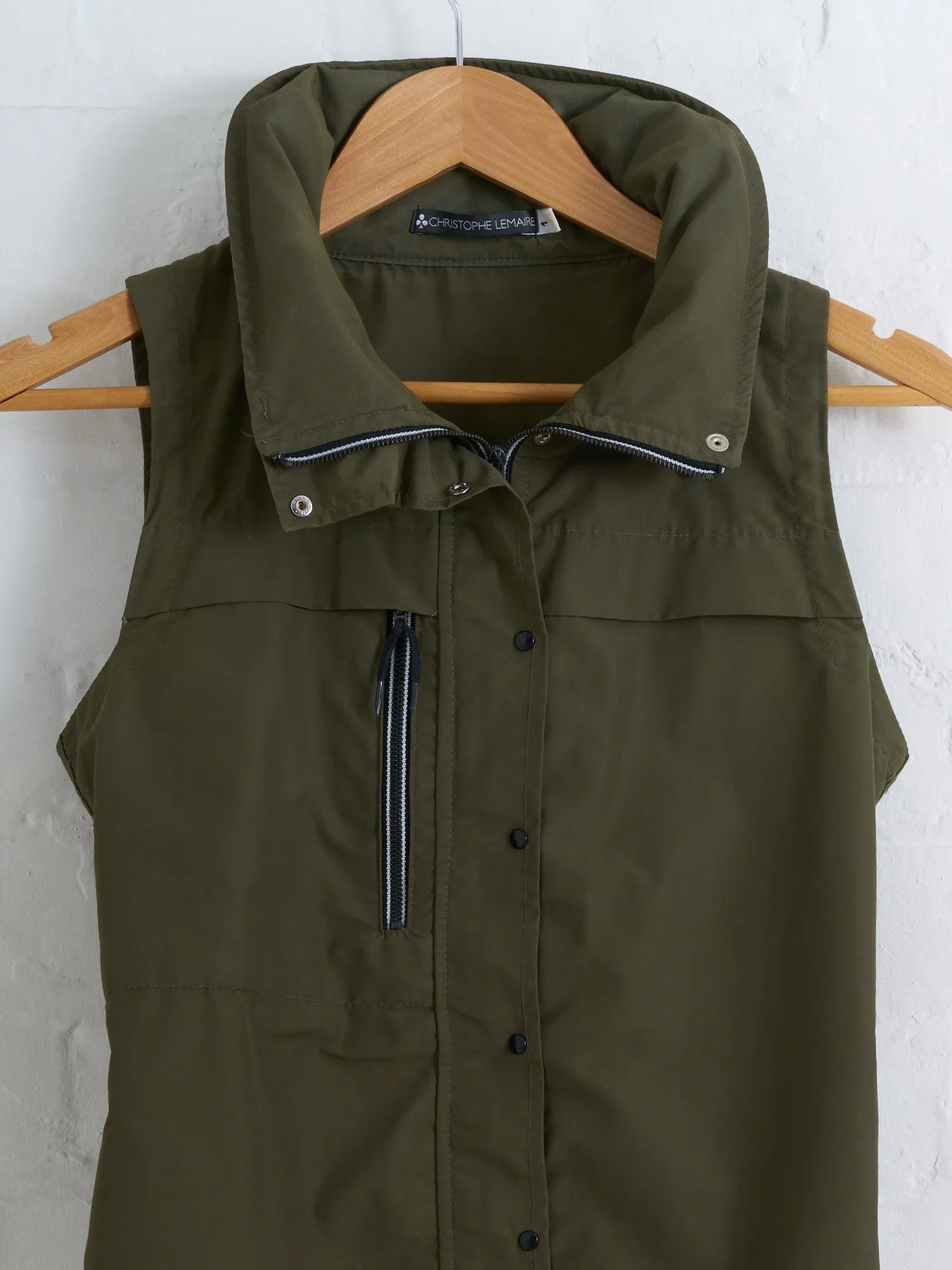 Christophe Lemaire khaki cotton nylon high neck vest with collar hood - S