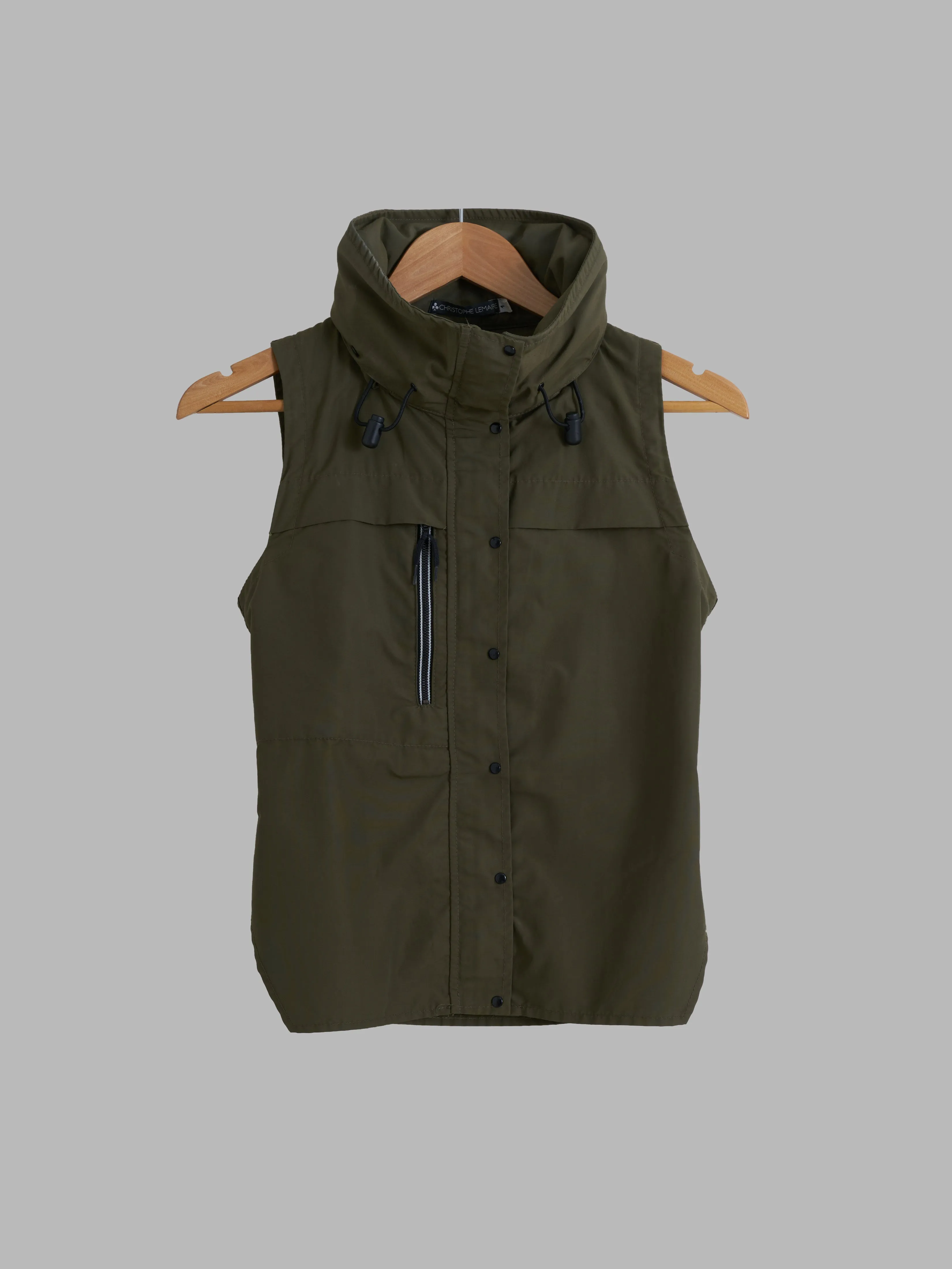 Christophe Lemaire khaki cotton nylon high neck vest with collar hood - S