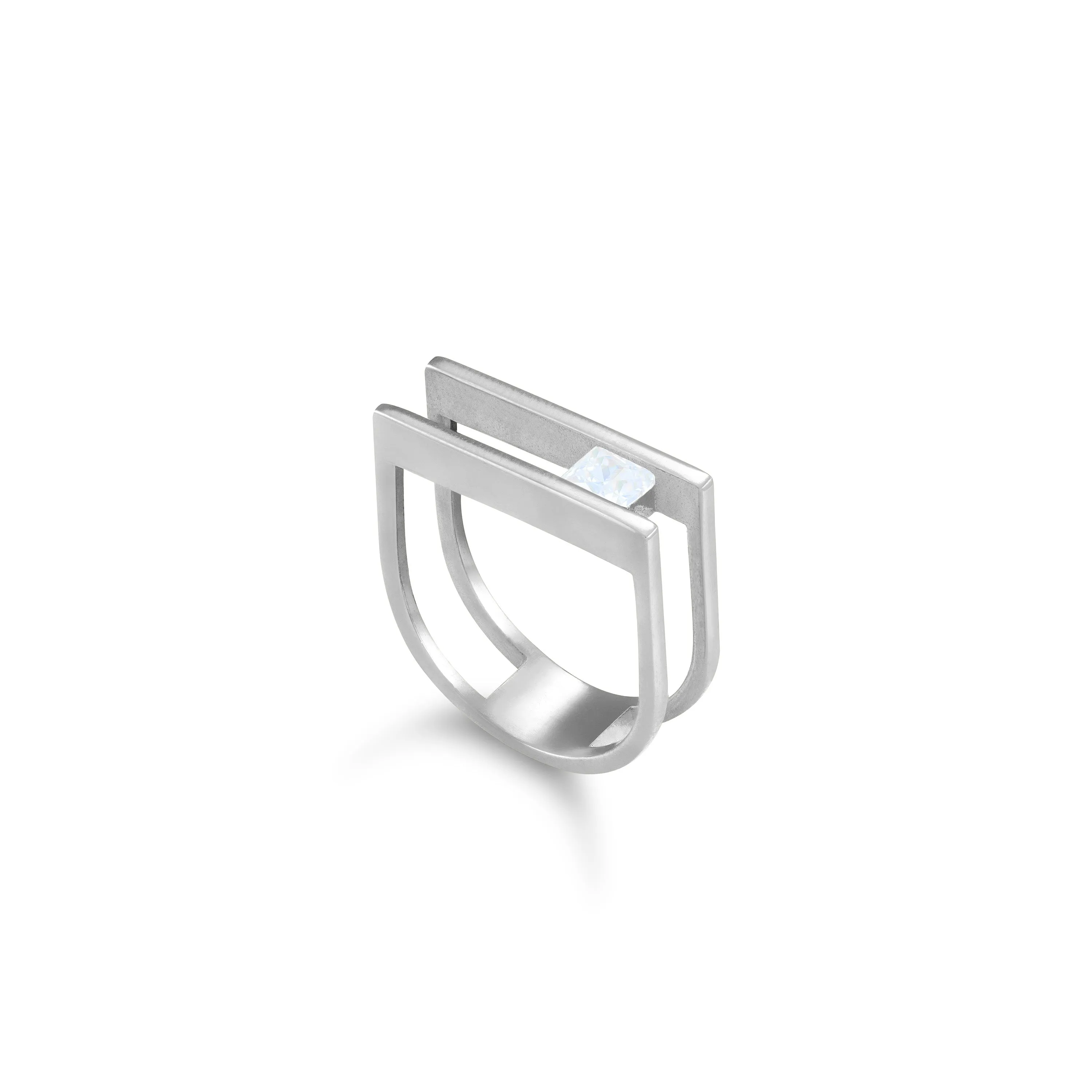 Cubic Zirconia Stone Double Bar Ring - Silver White - One Rectangle Stone