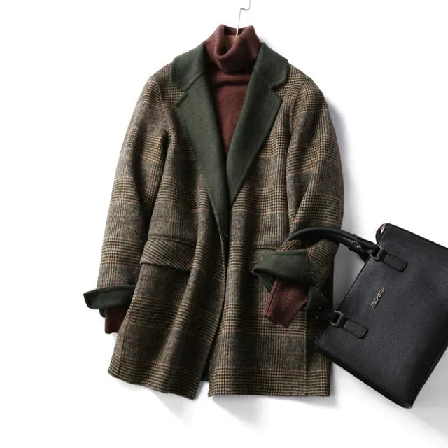 Elegant Office Chic Wool Blend Khaki Blue Winter Coats