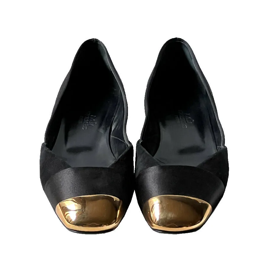 Hermes women's black suede and satin metal cap-toe ballet flats