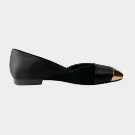 Hermes women's black suede and satin metal cap-toe ballet flats