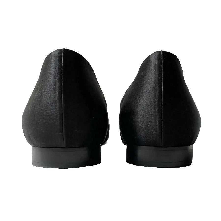 Hermes women's black suede and satin metal cap-toe ballet flats
