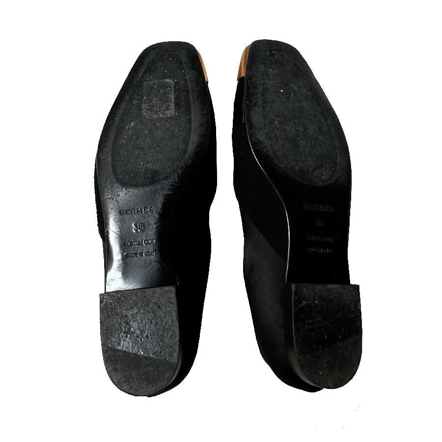 Hermes women's black suede and satin metal cap-toe ballet flats