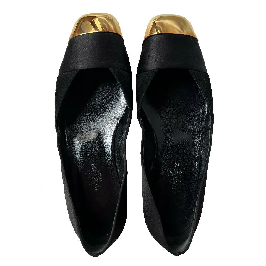Hermes women's black suede and satin metal cap-toe ballet flats