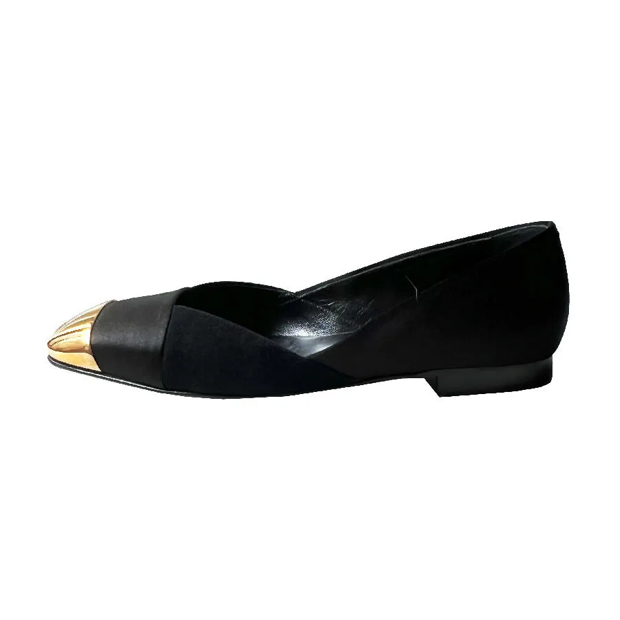 Hermes women's black suede and satin metal cap-toe ballet flats