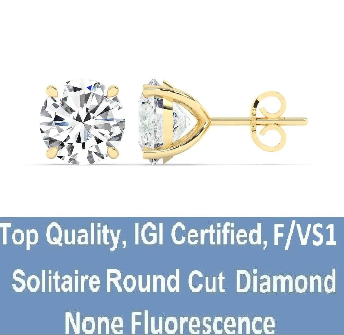 IGI,F/VS1 ,2 CT Solitaire Lab-Grown Round Diamond Studs Earring, 18K Yellow Gold