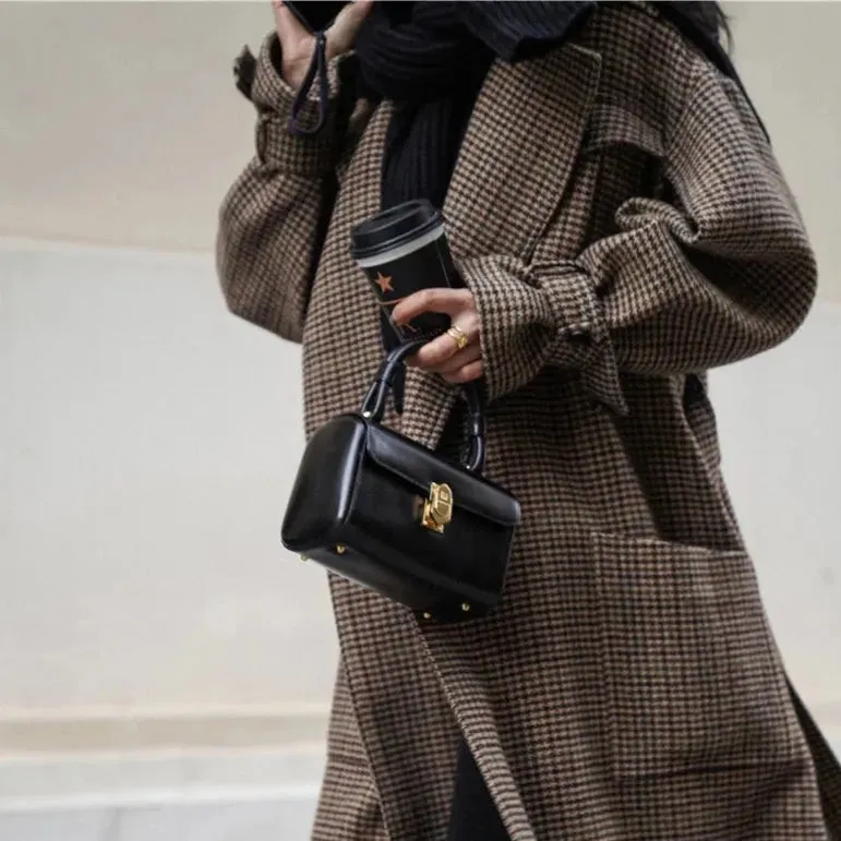 Natalia Puffed Sleeve Long Plaid Woolen Coat