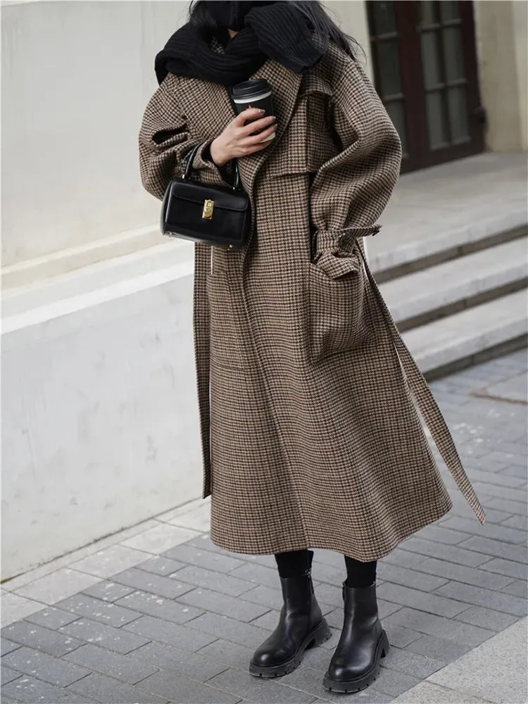 Natalia Puffed Sleeve Long Plaid Woolen Coat