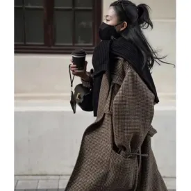 Natalia Puffed Sleeve Long Plaid Woolen Coat