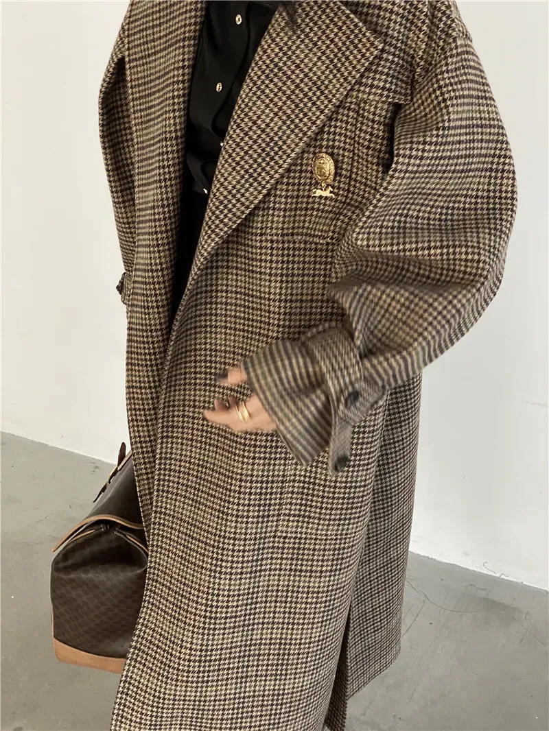 Natalia Puffed Sleeve Long Plaid Woolen Coat