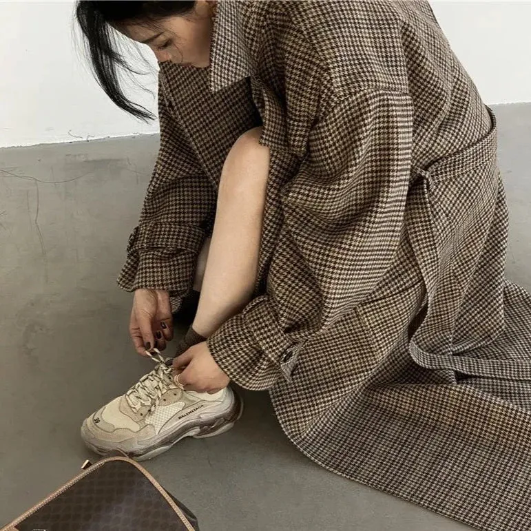 Natalia Puffed Sleeve Long Plaid Woolen Coat