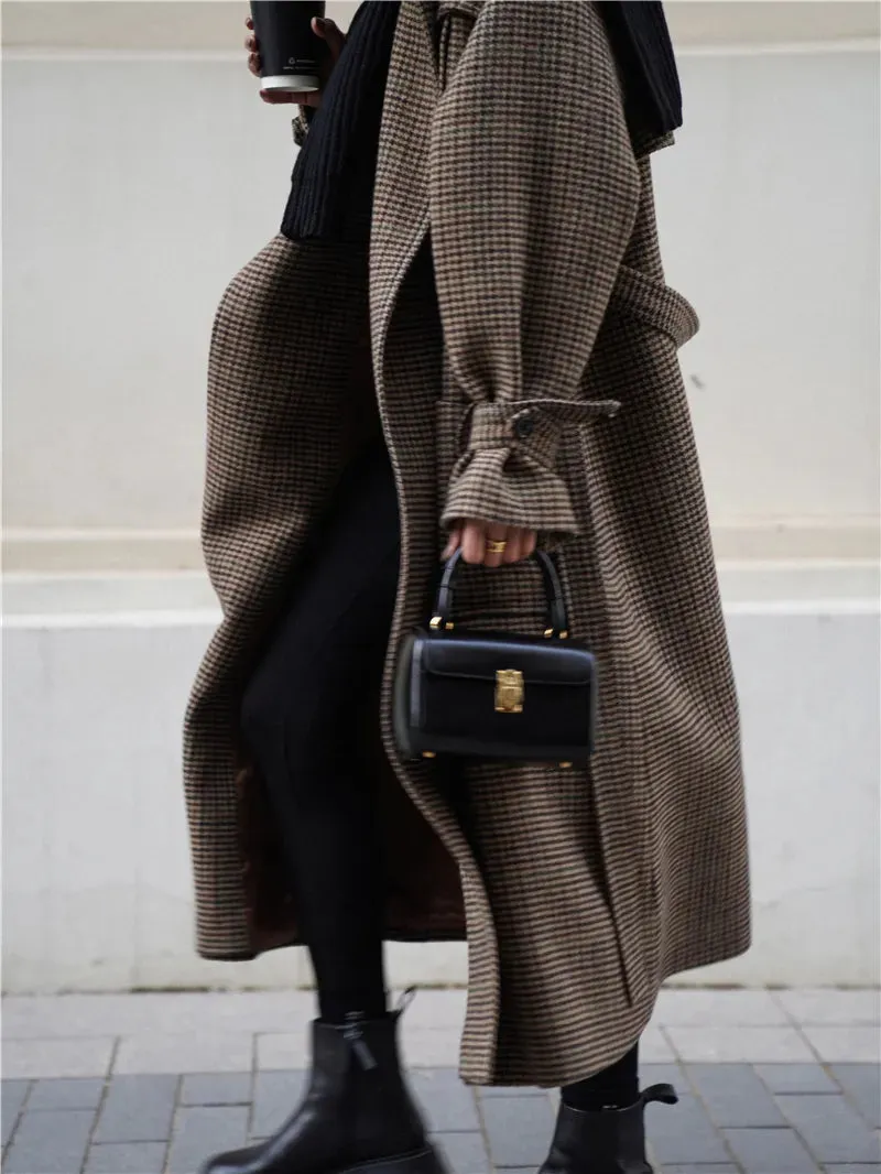 Natalia Puffed Sleeve Long Plaid Woolen Coat