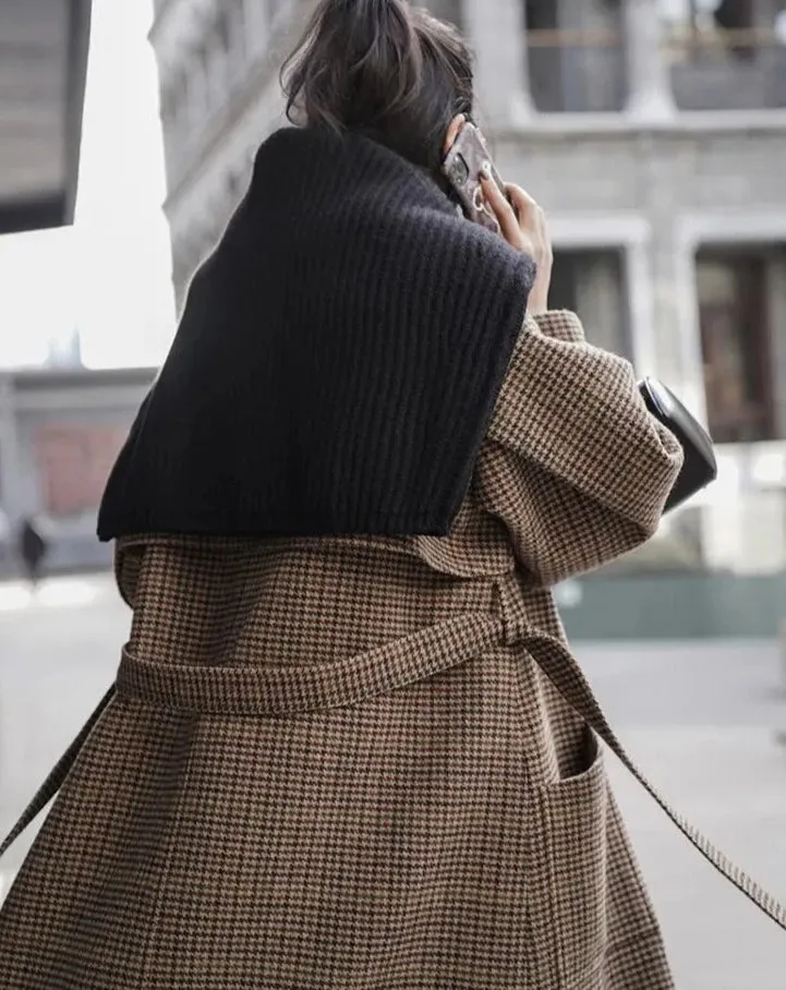 Natalia Puffed Sleeve Long Plaid Woolen Coat