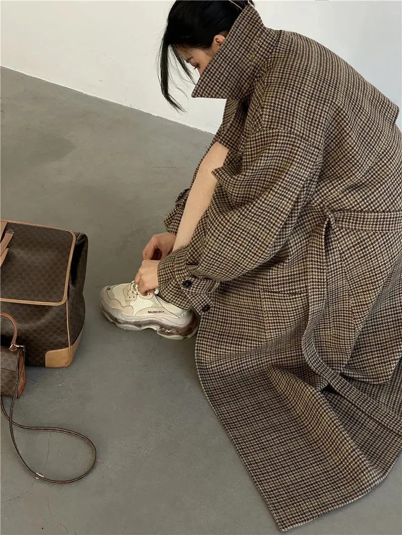 Natalia Puffed Sleeve Long Plaid Woolen Coat