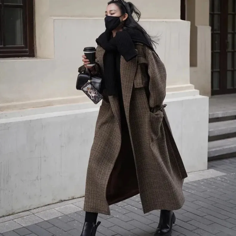 Natalia Puffed Sleeve Long Plaid Woolen Coat