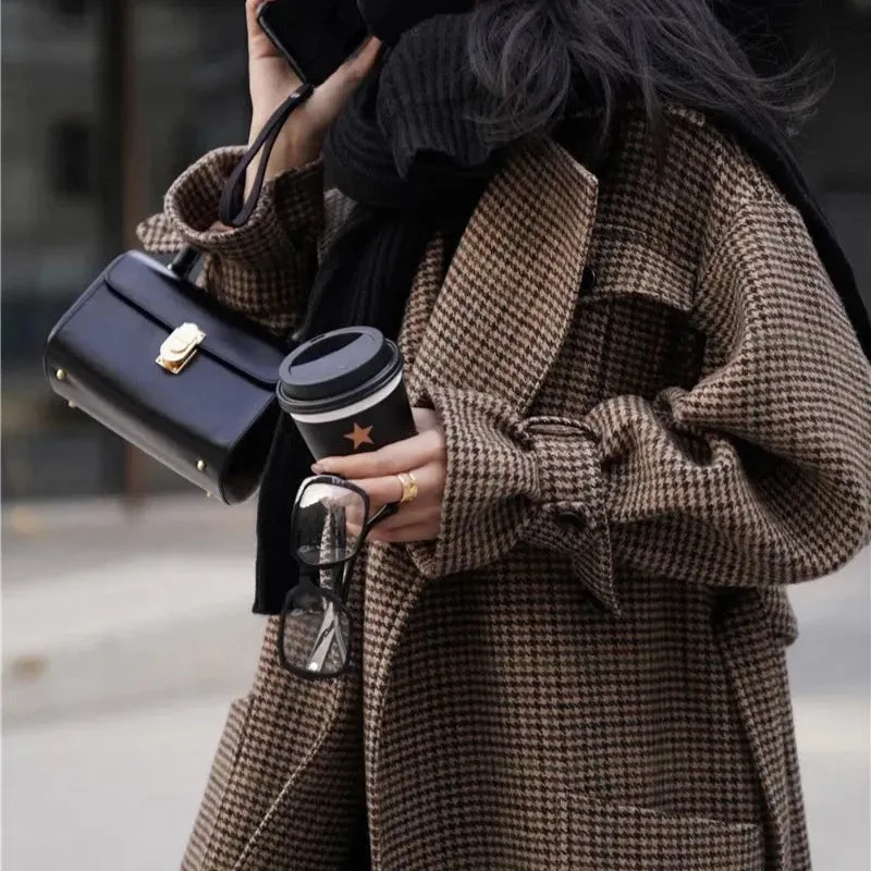 Natalia Puffed Sleeve Long Plaid Woolen Coat