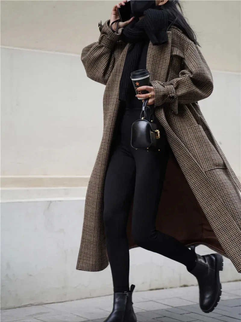 Natalia Puffed Sleeve Long Plaid Woolen Coat