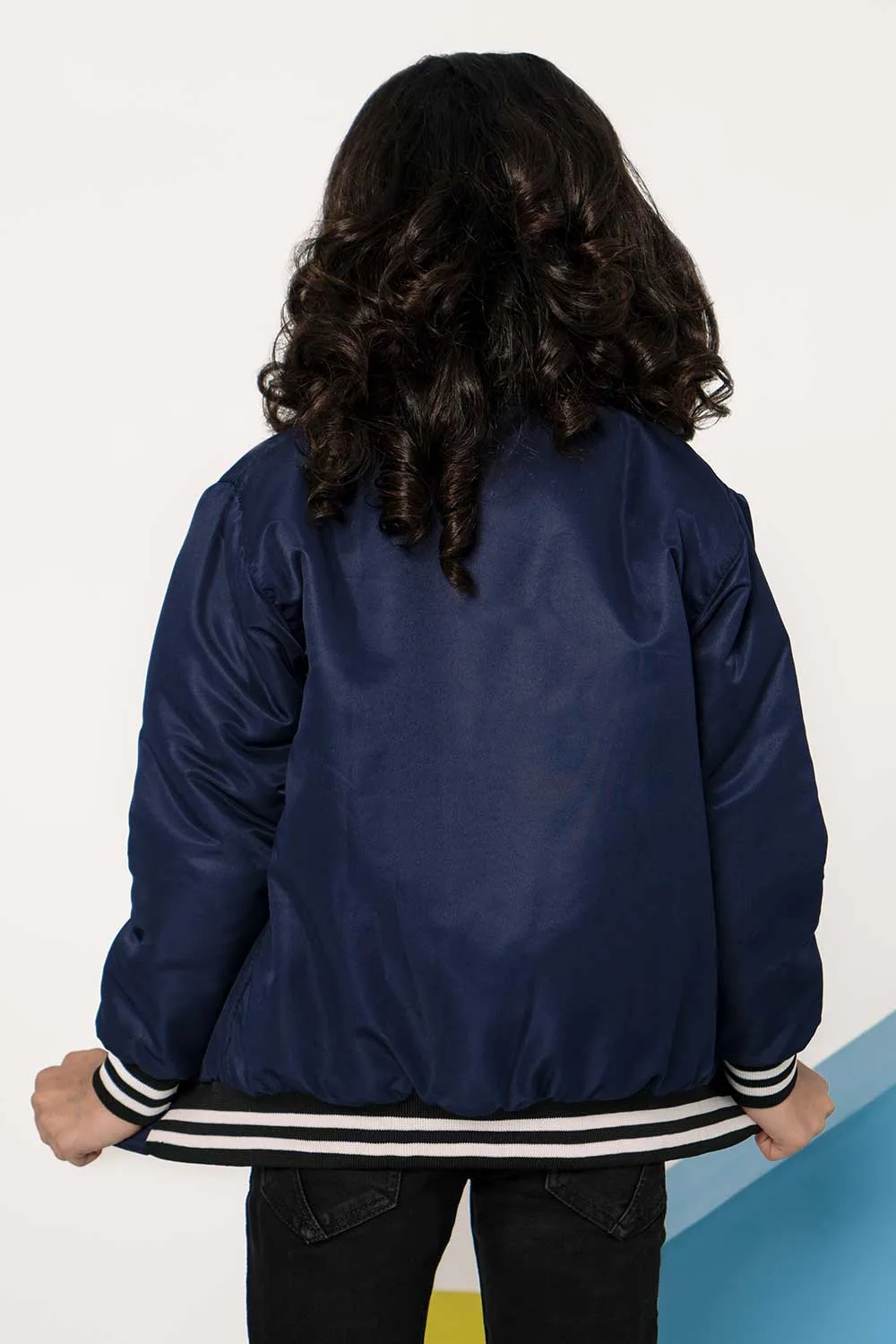 Navy Blue Tipped Bomber Jacket - Girls