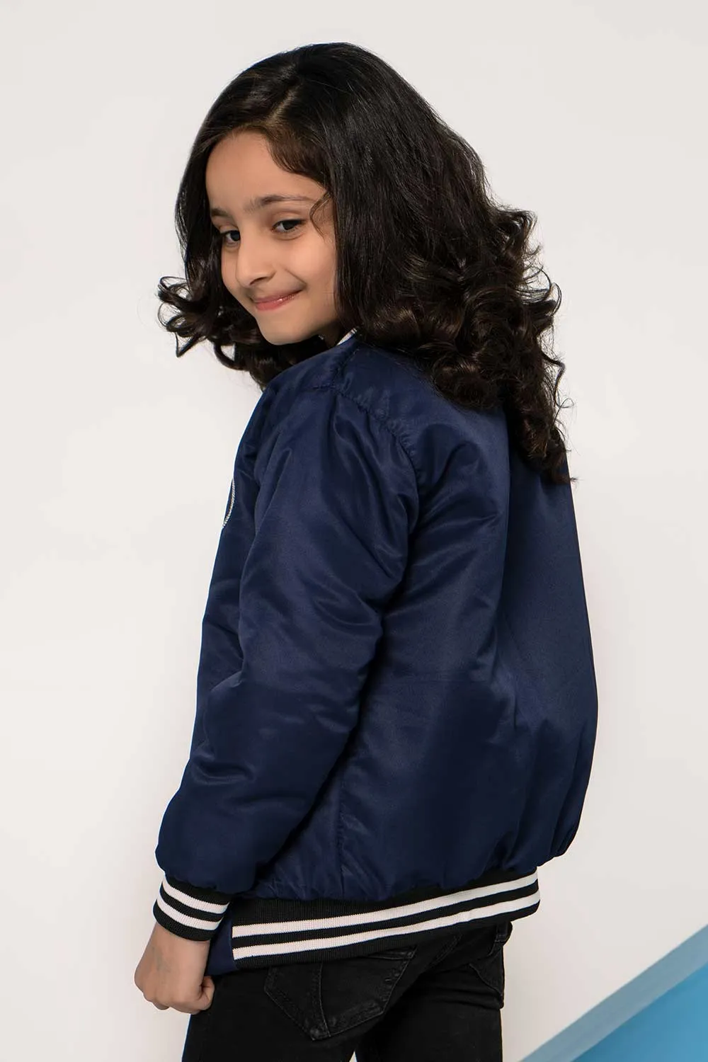 Navy Blue Tipped Bomber Jacket - Girls