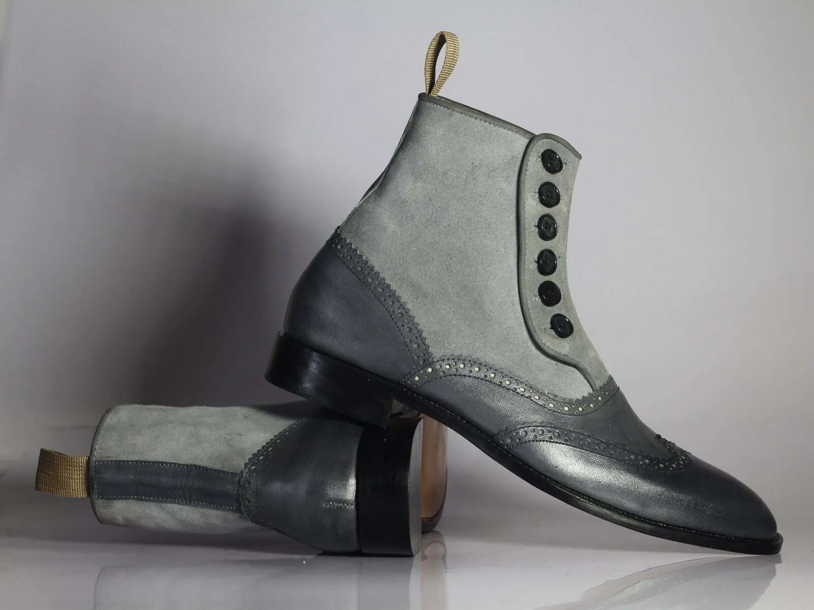 New Designer Handmade Men's Gray Wing Tip Ankle Boots, Men Leather Suede Button Boots