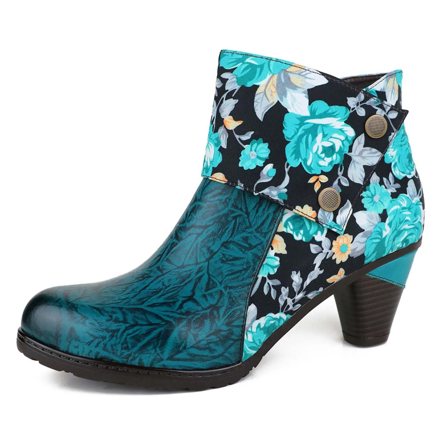 Round Head Printed Leather Ankle Boots