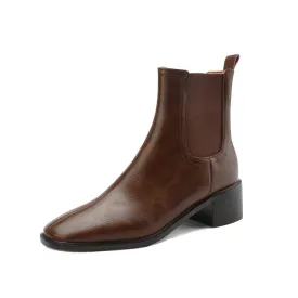 TinaCus Women's Square Toe Genuine Leather Handmade Chunky Heels Slip On Trendy Ankle Boots