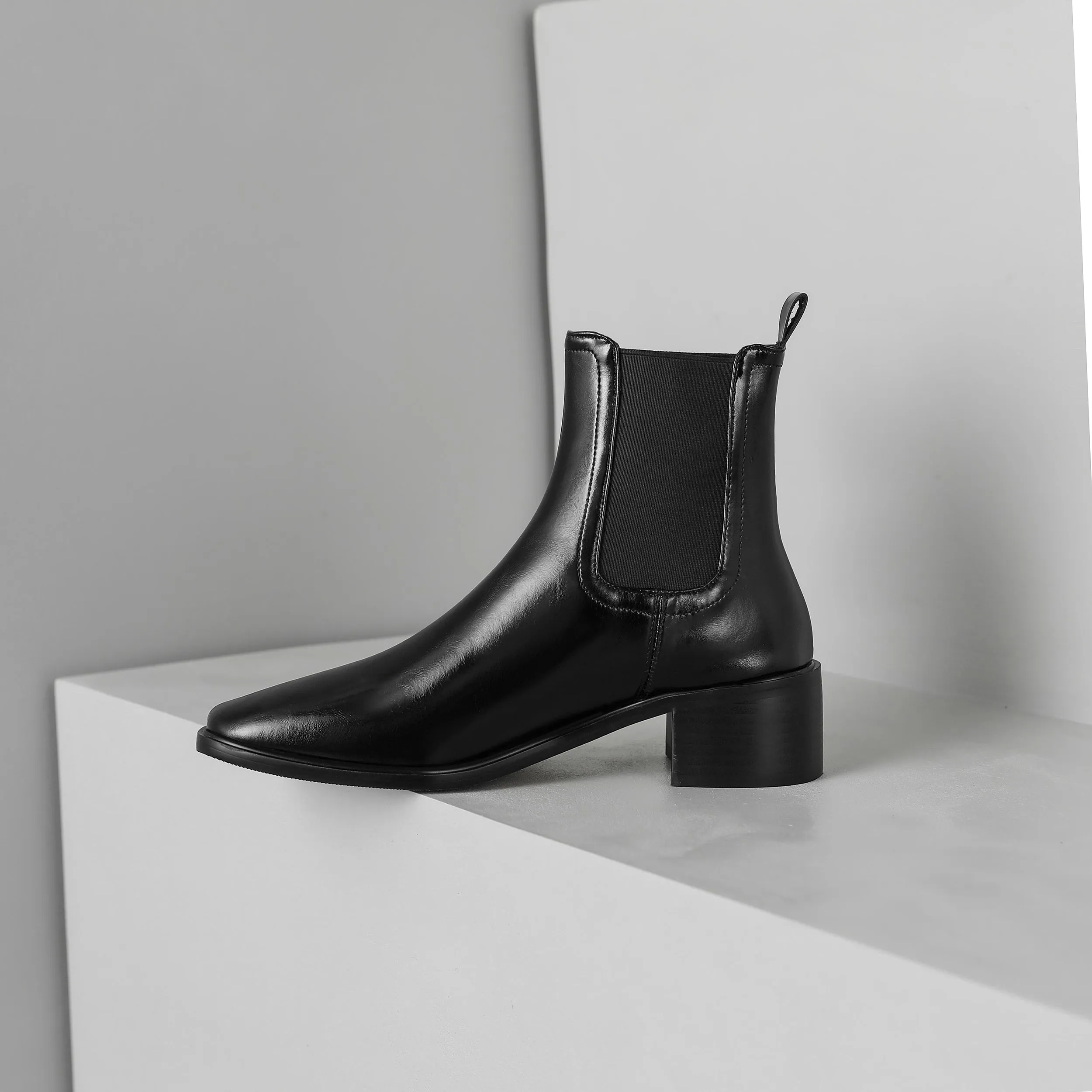 TinaCus Women's Square Toe Genuine Leather Handmade Chunky Heels Slip On Trendy Ankle Boots