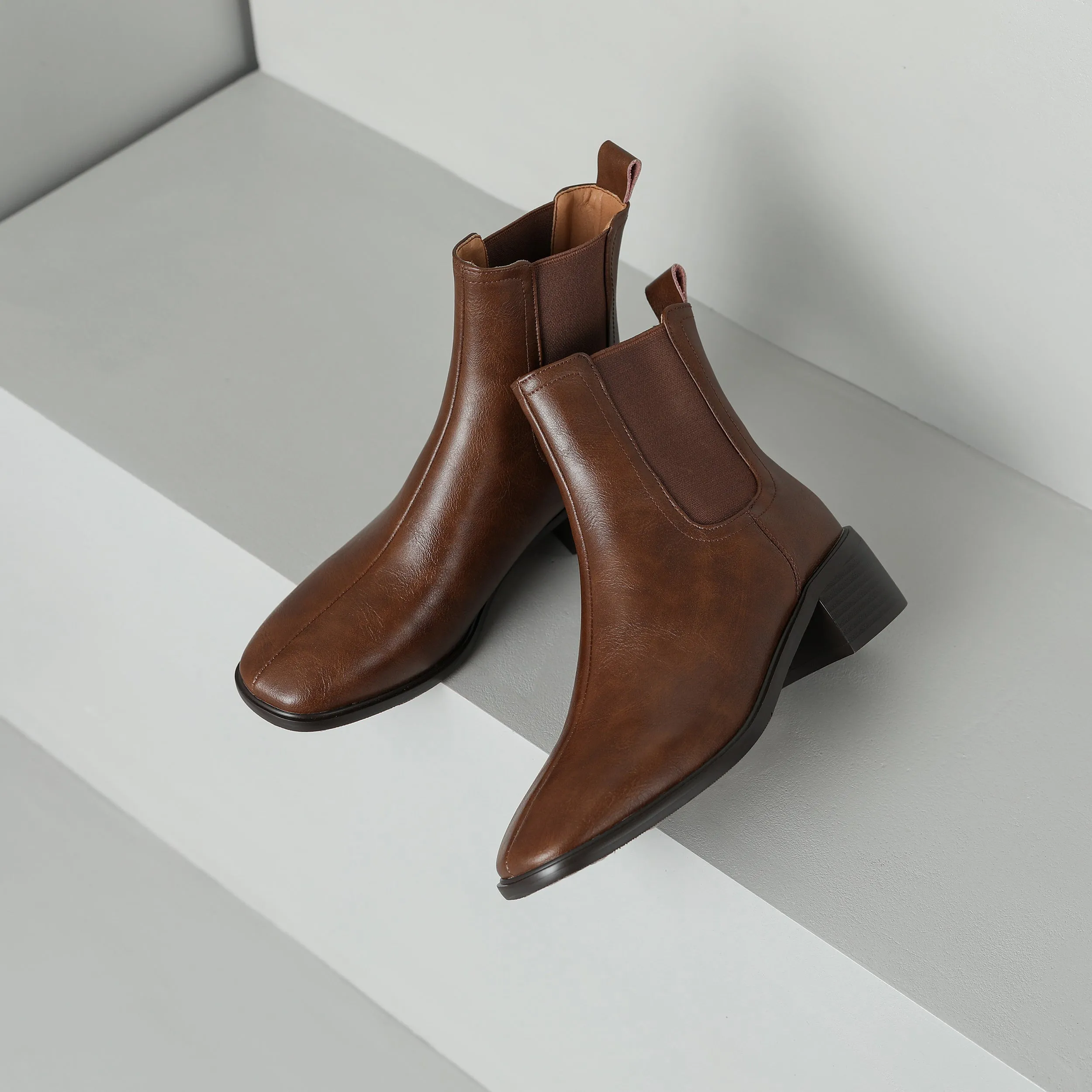 TinaCus Women's Square Toe Genuine Leather Handmade Chunky Heels Slip On Trendy Ankle Boots
