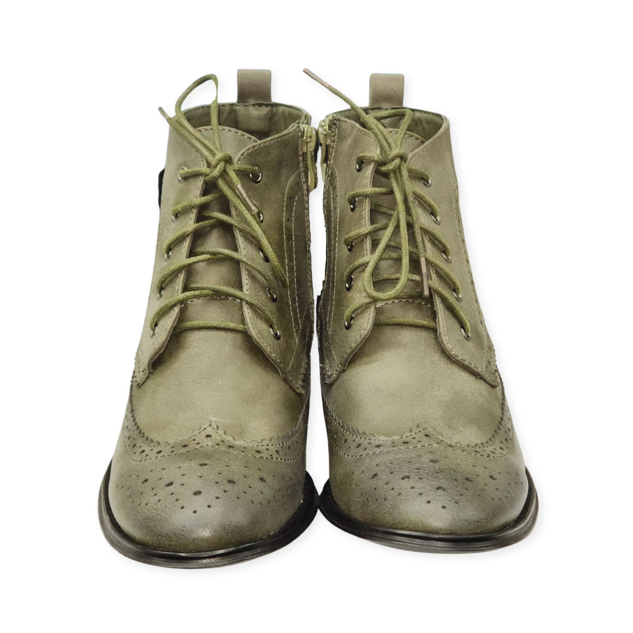 Wanted Shoes Nonna Olive Fashion Vegan Leather Lace Up Low Heel Wingtip Booties