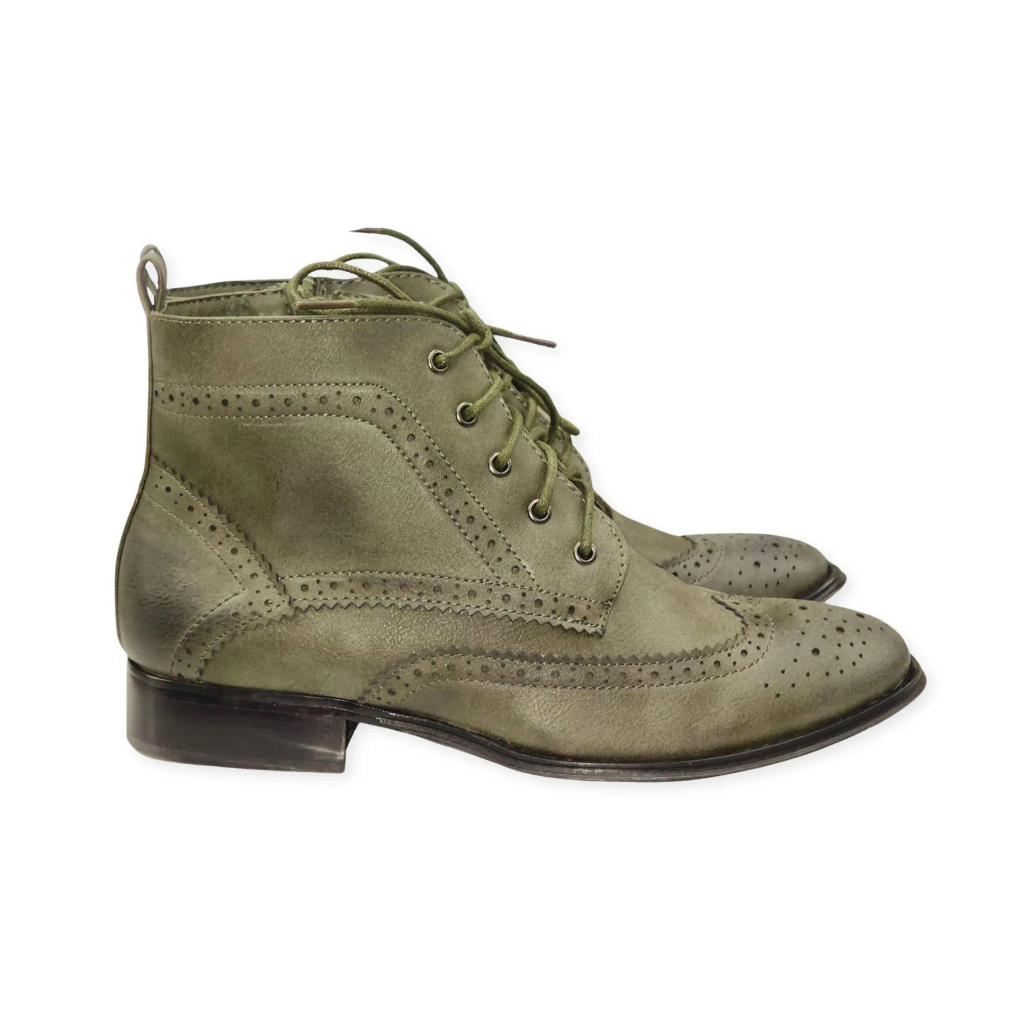 Wanted Shoes Nonna Olive Fashion Vegan Leather Lace Up Low Heel Wingtip Booties