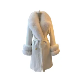 Women's CREAM Wool Coat with detachable Fox Collar and Cuffs  Trimmed Hood Style # K-10