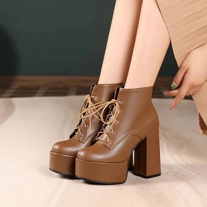 Women's lace up boots platform ankle heeled boots