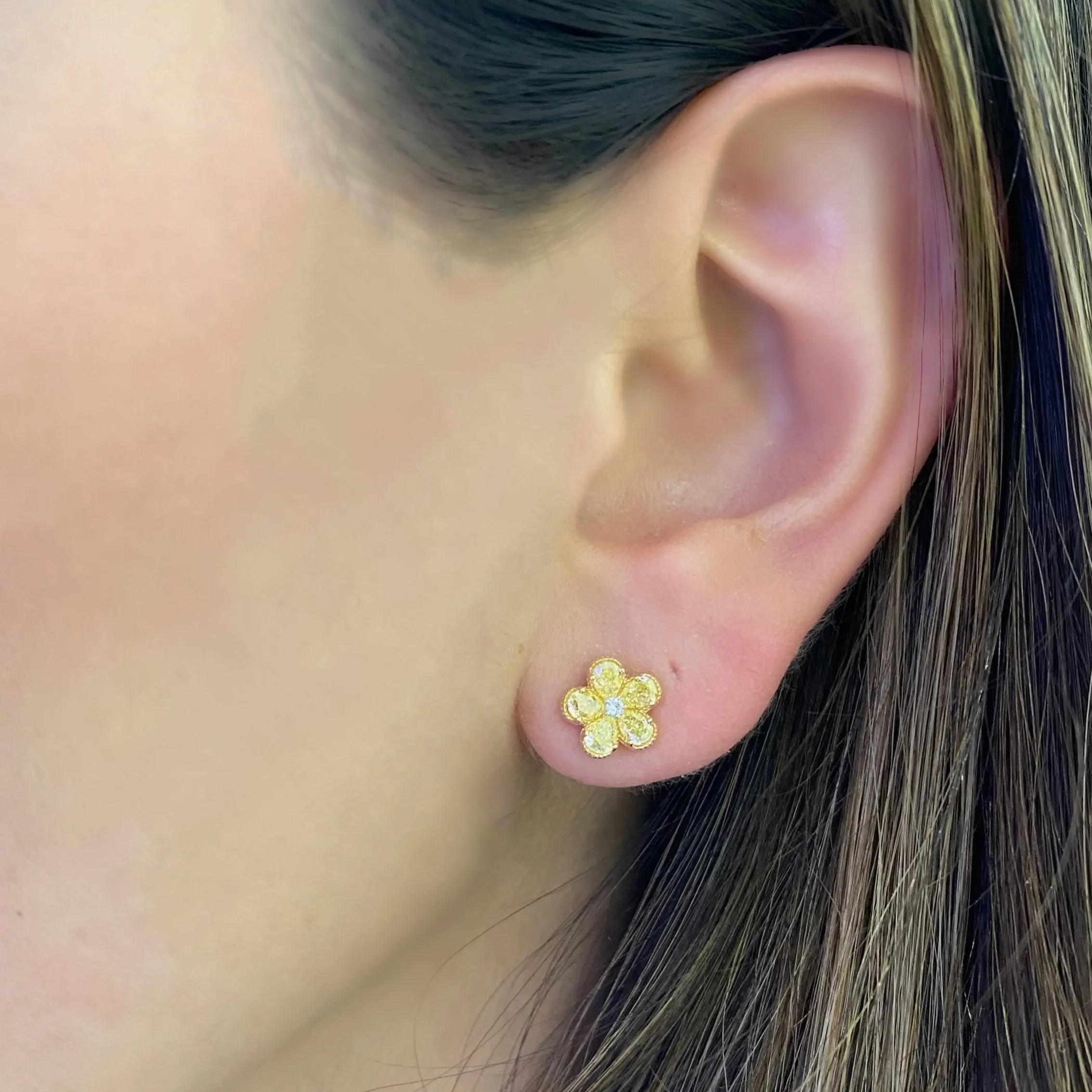Yellow Diamond Flower Stud Earrings