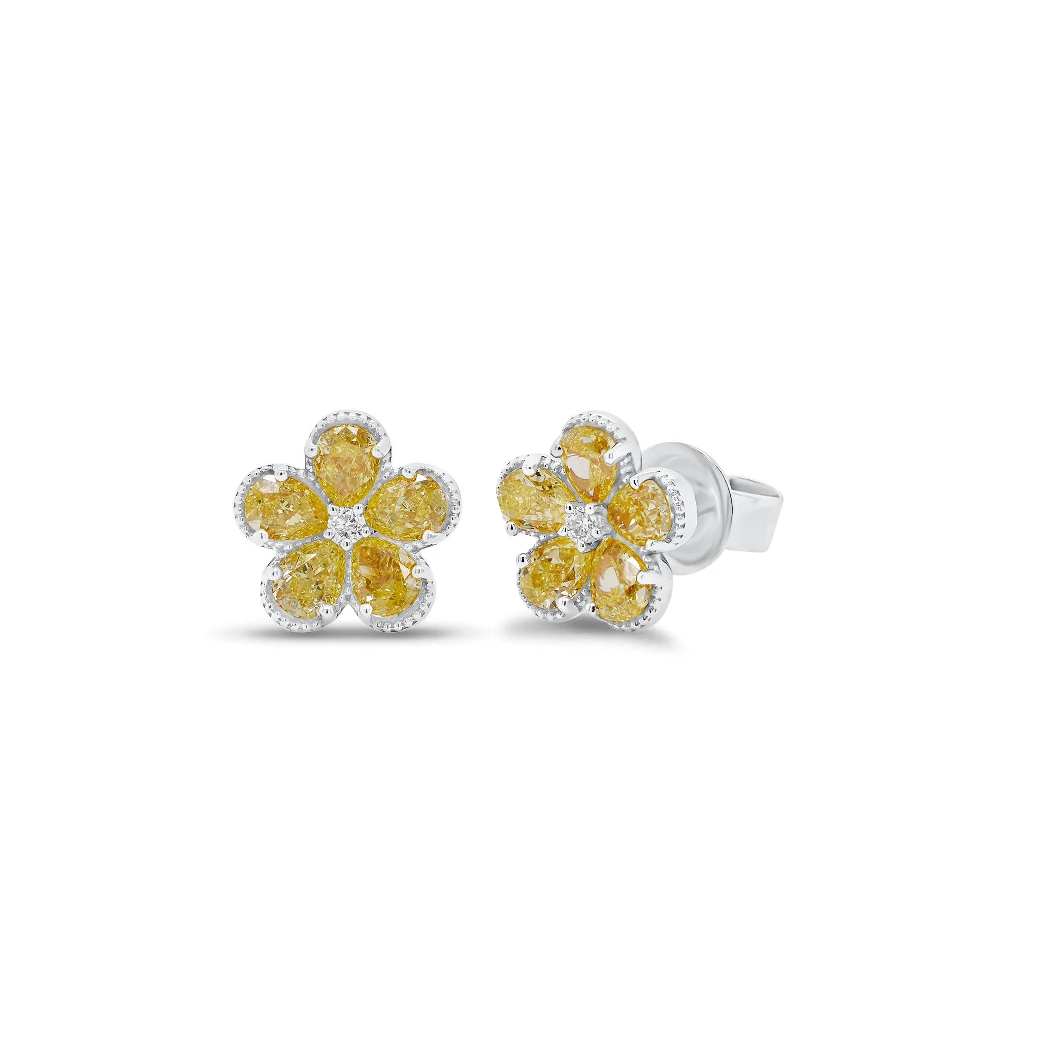Yellow Diamond Flower Stud Earrings